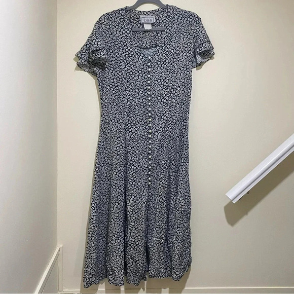 Women’s Vintage Green White Floral D.B.Y brand Dress + Pearl buttons corset S:9 - Picture 3 of 15